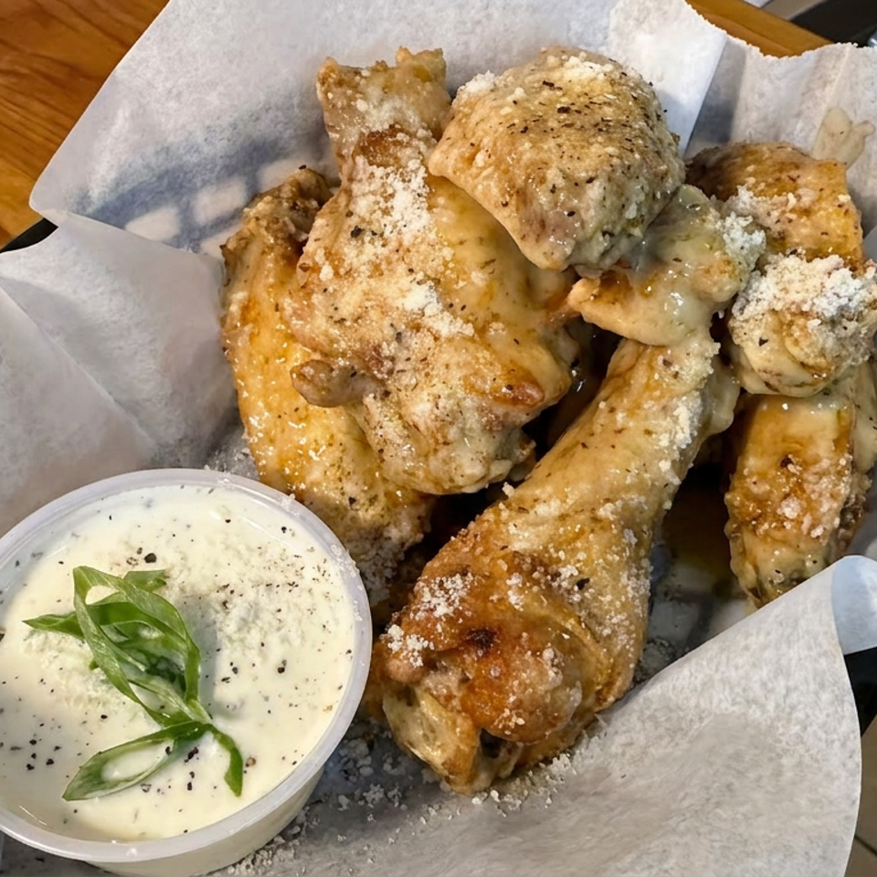 Basket of golden fried chicken pieces sprinkled with Parmesan, served with creamy dipping sauce and basil garnish.