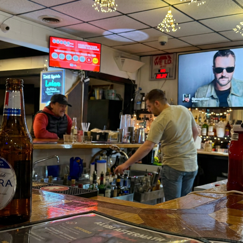 Bar interior with a beer bottle on the counter, bartenders working, illuminated menus, liquor shelves, and televisions overhead.