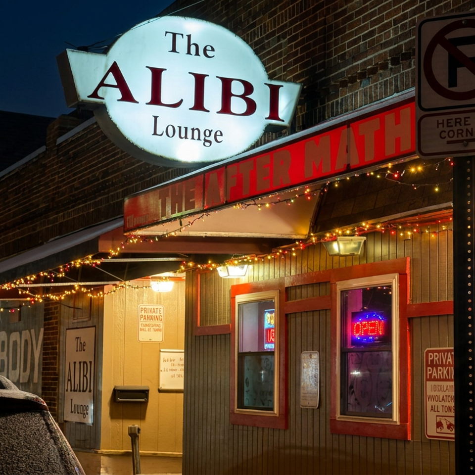 The Alibi Lounge exterior at night, illuminated by string lights, neon signs, and a glowing entrance beneath a brick facade.