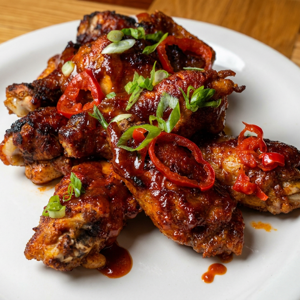 Glazed chicken wings piled on a white plate, garnished with sliced red chilies and green onions on a wooden table.