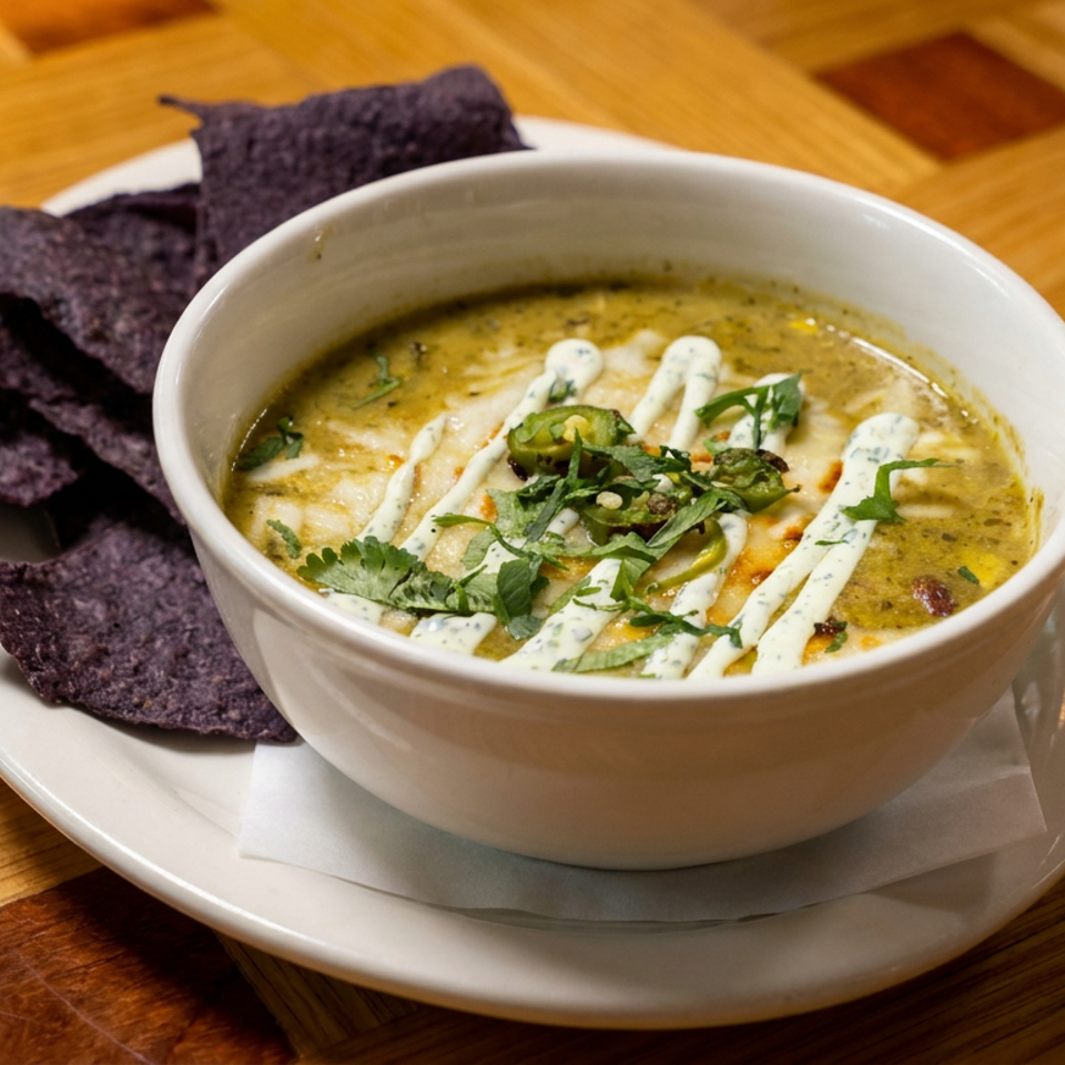 Creamy soup topped with herbs, sliced jalapeños, and crema, served with purple tortilla chips on a white plate.