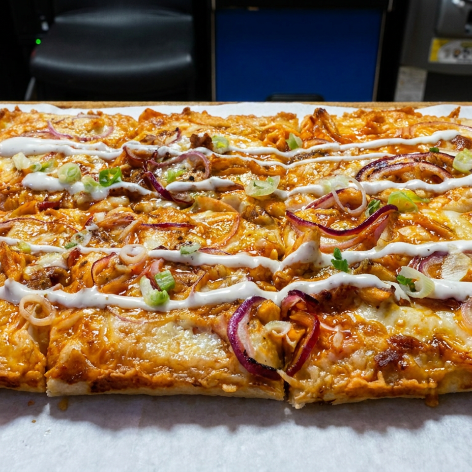Square-cut cheesy pizza topped with red onions, green onions, grilled chicken, and white sauce on parchment paper.